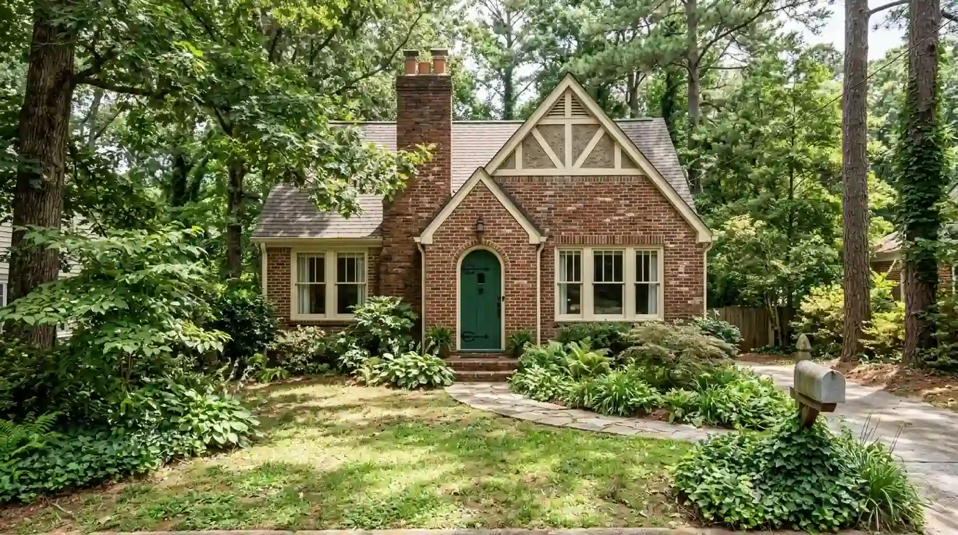 Brick Tudor with a fresh green front door in Garden Hills