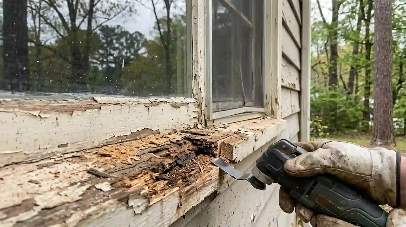 Rotted window sill being cut out before primer