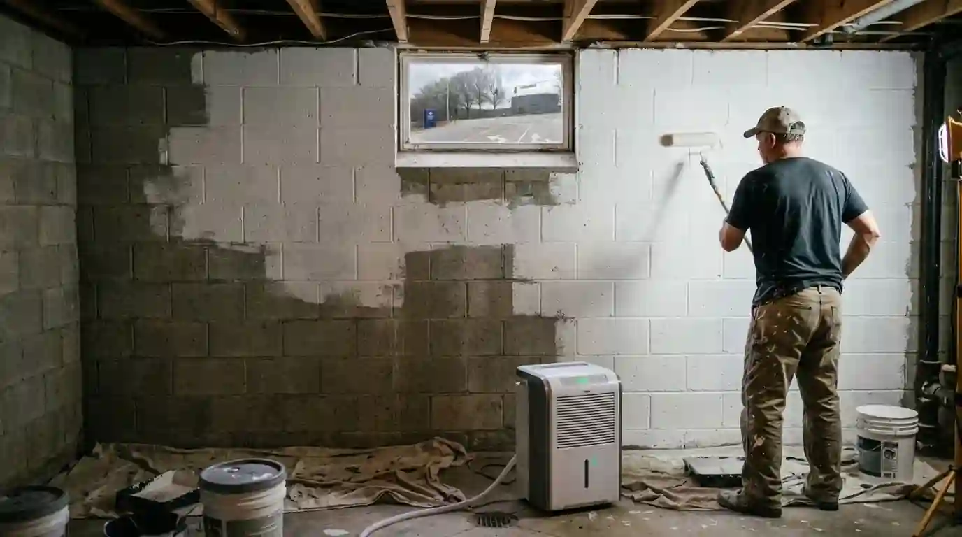 Painter rolling masonry paint onto a block basement wall