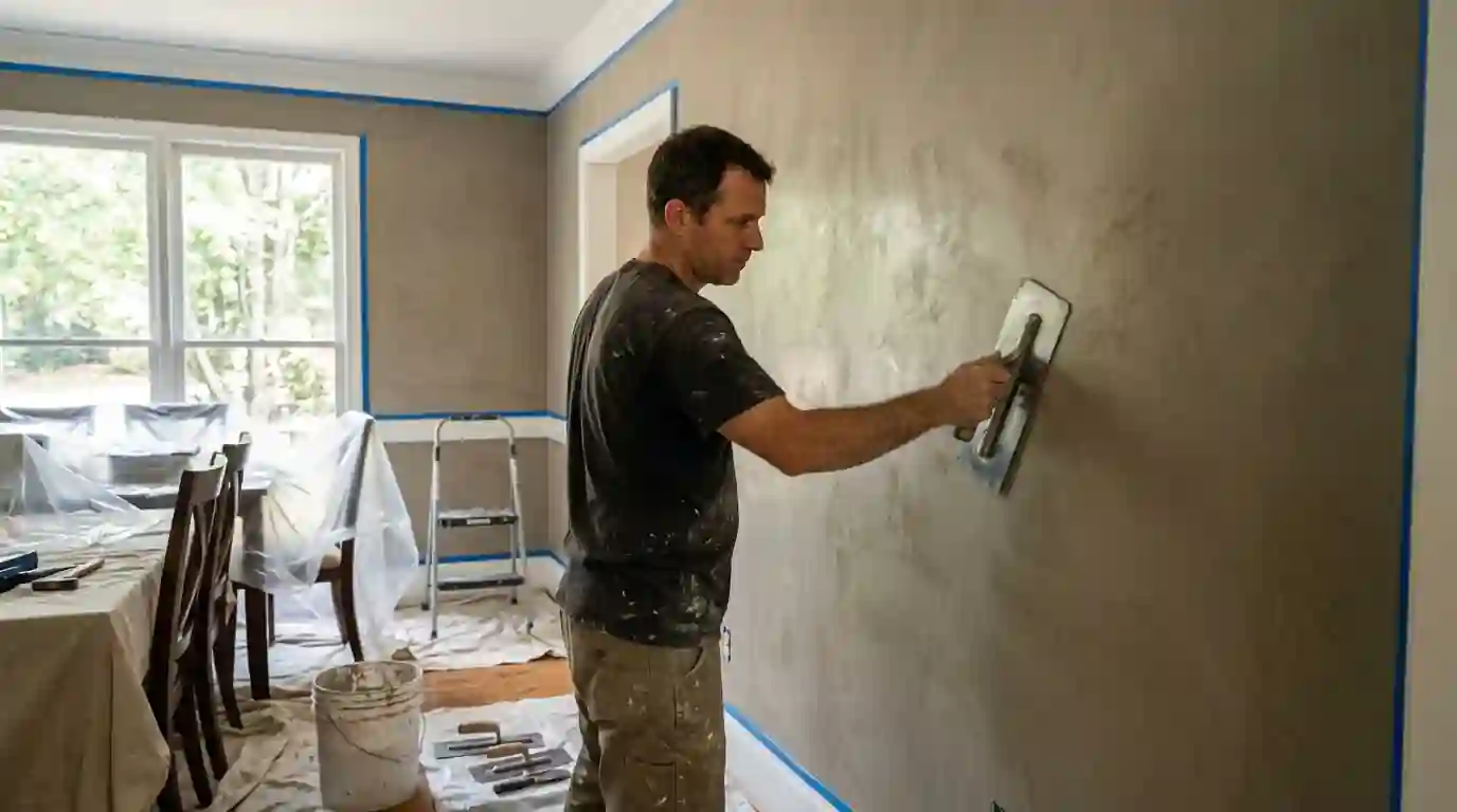 Trowel burnishing Venetian plaster on a dining room wall