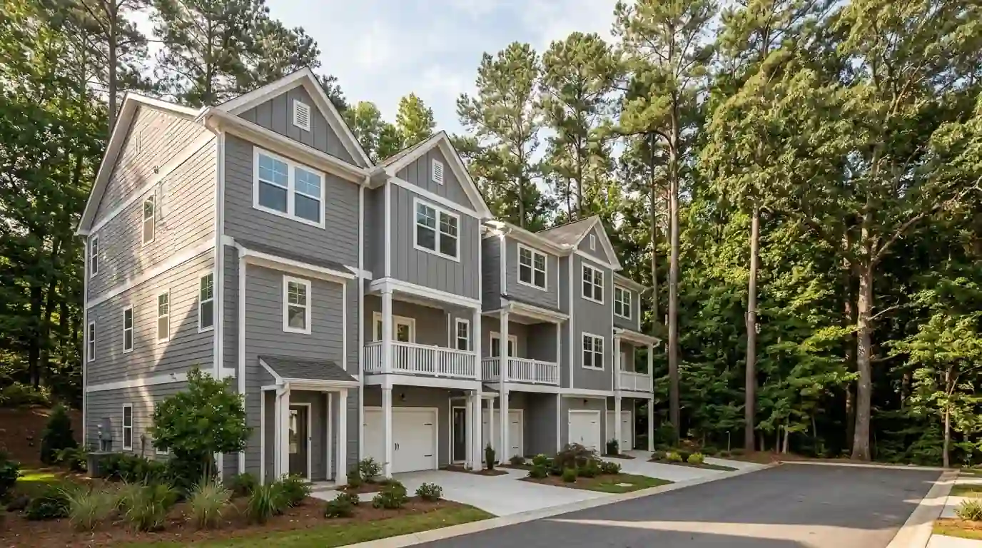 Townhome row with fresh gray siding in Sandy Springs