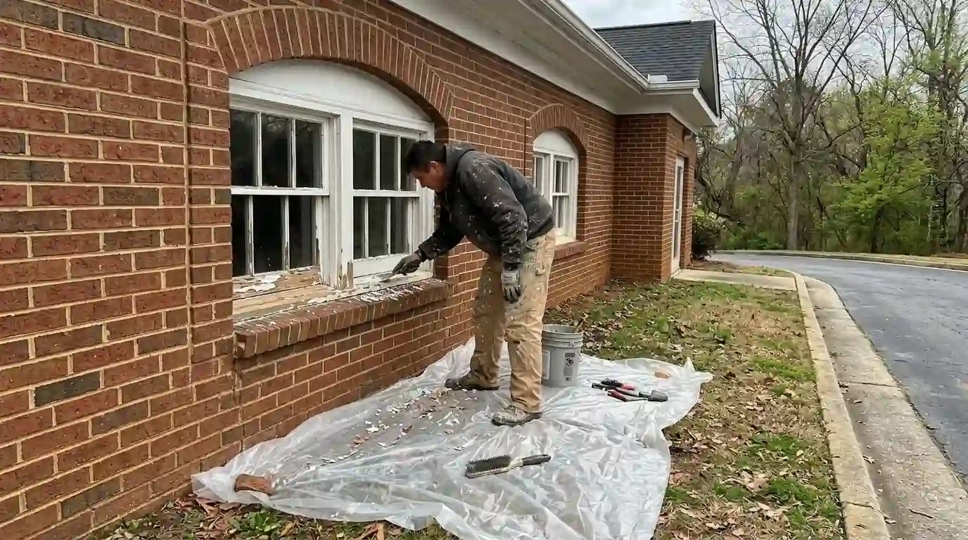 Scraping a window sill over plastic sheeting