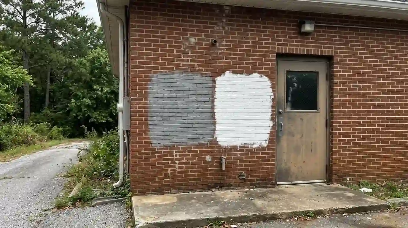 Test patches of brick stain and mineral paint on a wall