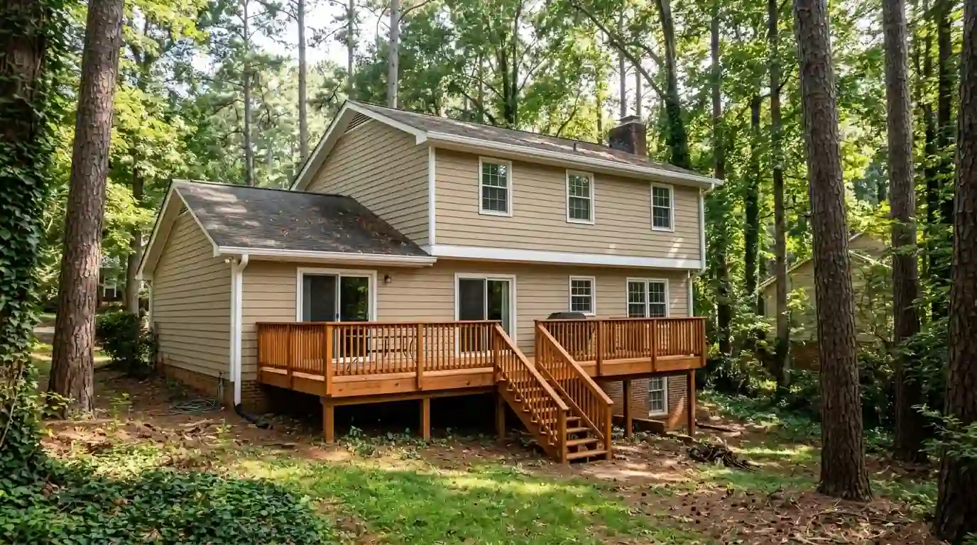 1970s two-story house with fresh siding paint and a stained deck in Dunwoody