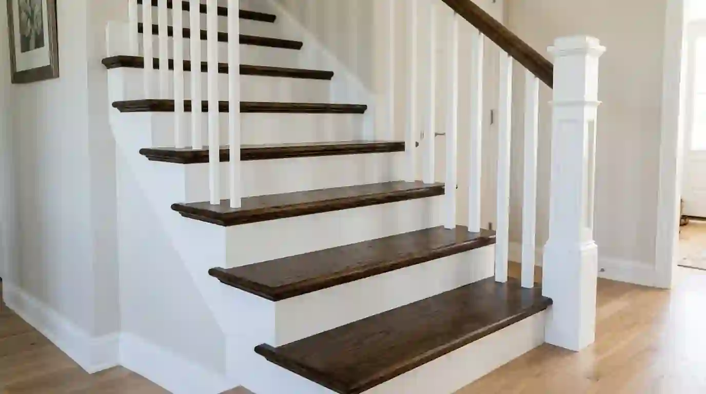 Stained oak treads above white painted risers