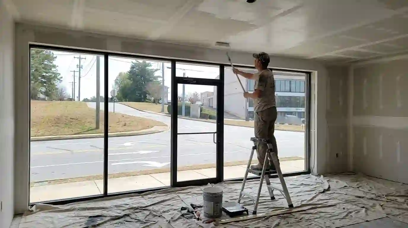 Painter rolling flat white paint across a drywall ceiling