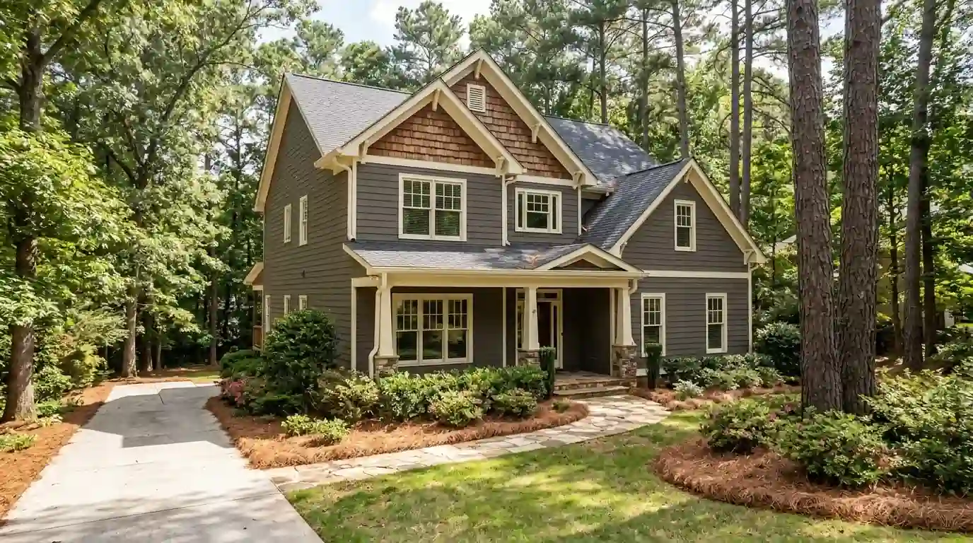Two-story house with fresh cream trim in Roswell