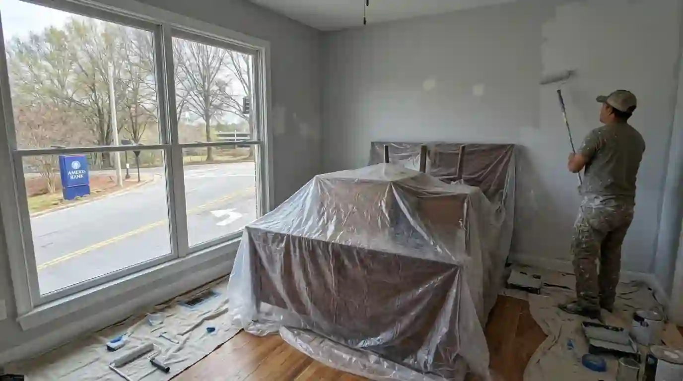 Bedroom wall being rolled with furniture covered in the center