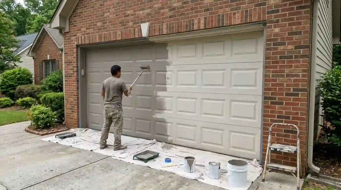 Steel garage door being repainted warm gray