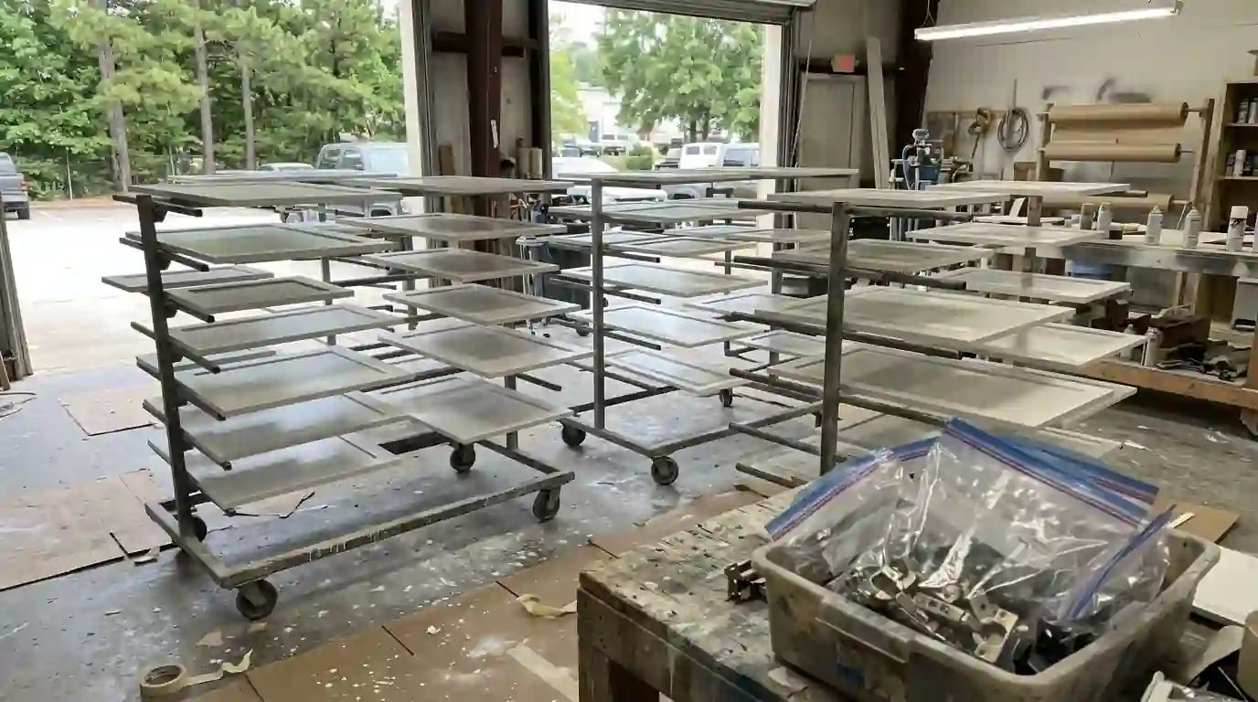 Cabinet doors drying flat on racks after spraying