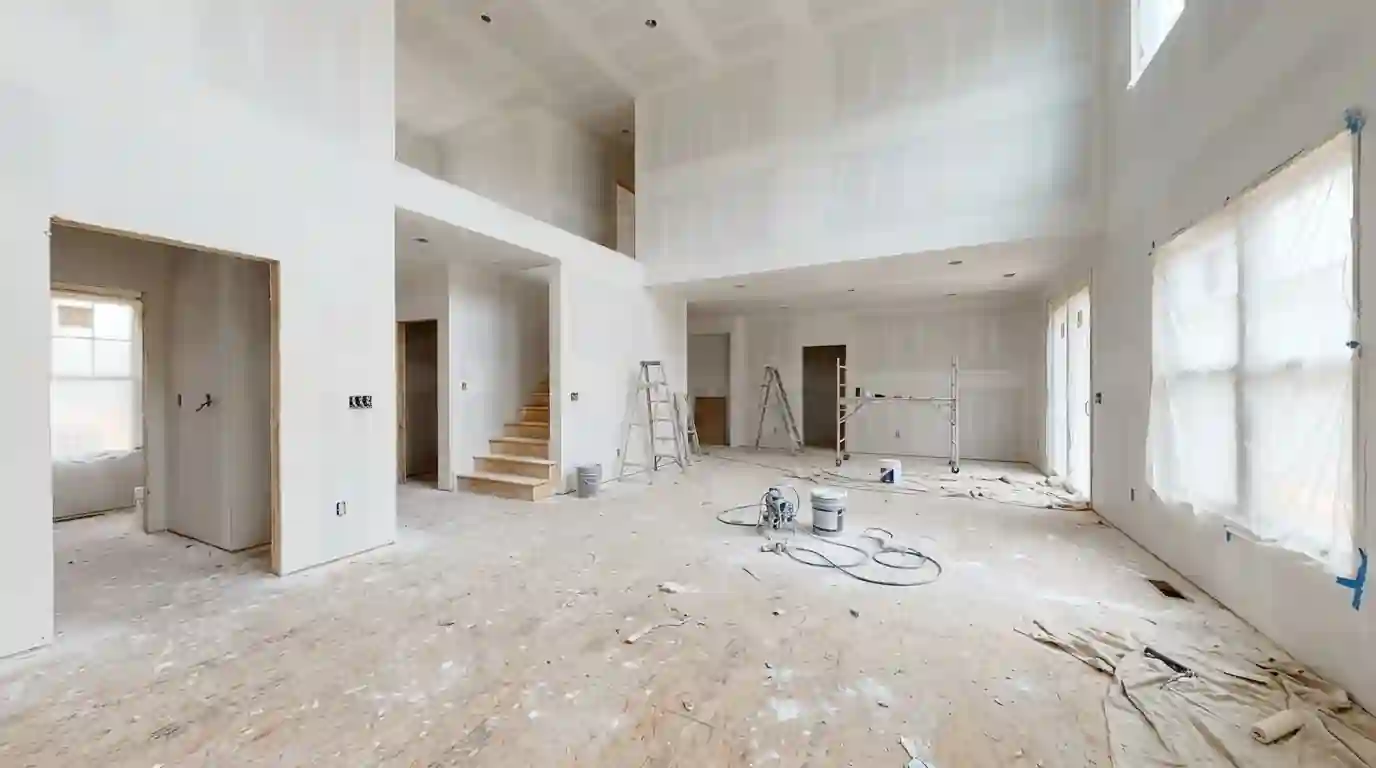 New construction interior with primed drywall
