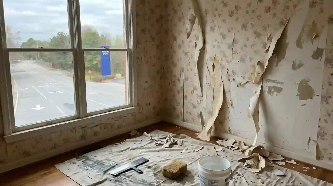 Floral wallpaper being peeled from a dining room wall