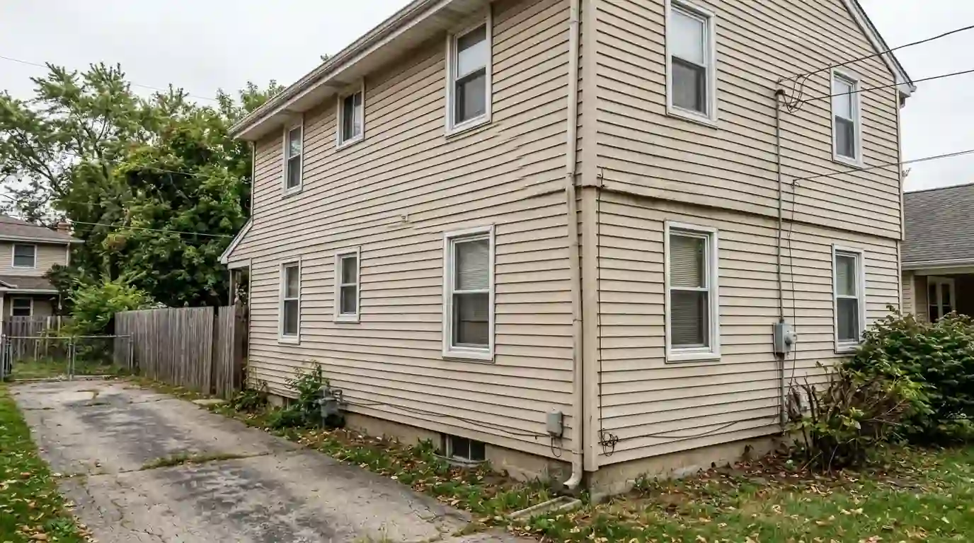 Faded vinyl siding beside a freshly painted pale gray section