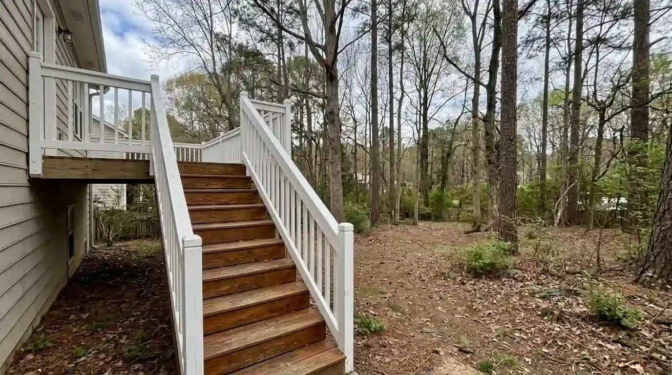 Stained deck stairs with white balusters