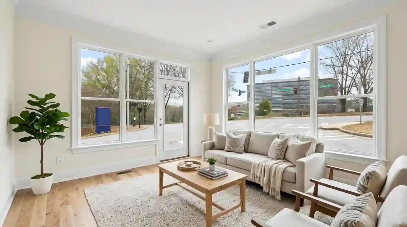 Living room repainted in a warm neutral before listing
