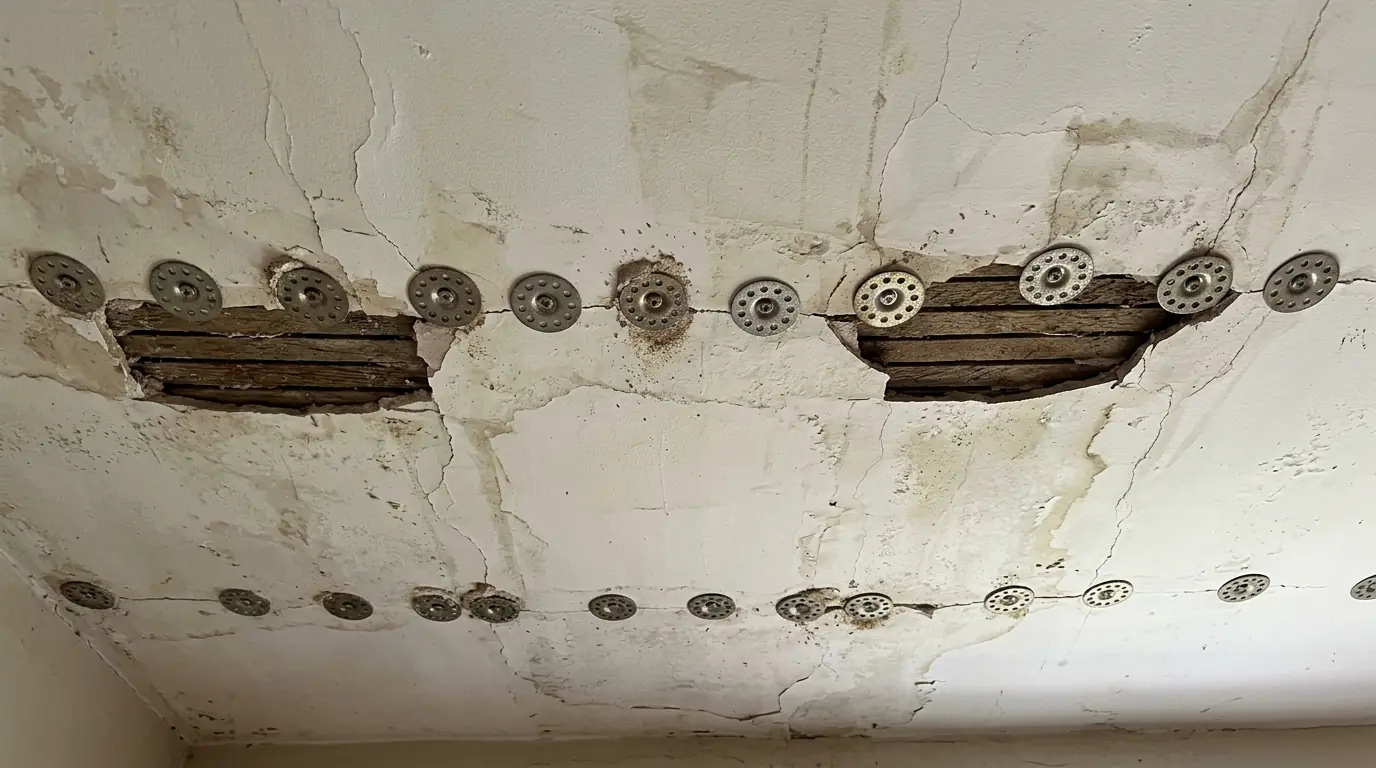 Plaster washers holding a loose ceiling back to the lath