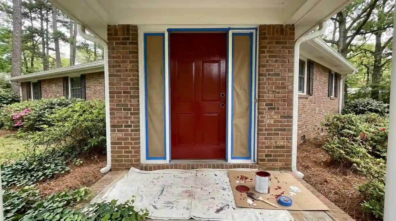 Freshly painted red front door on a brick ranch house