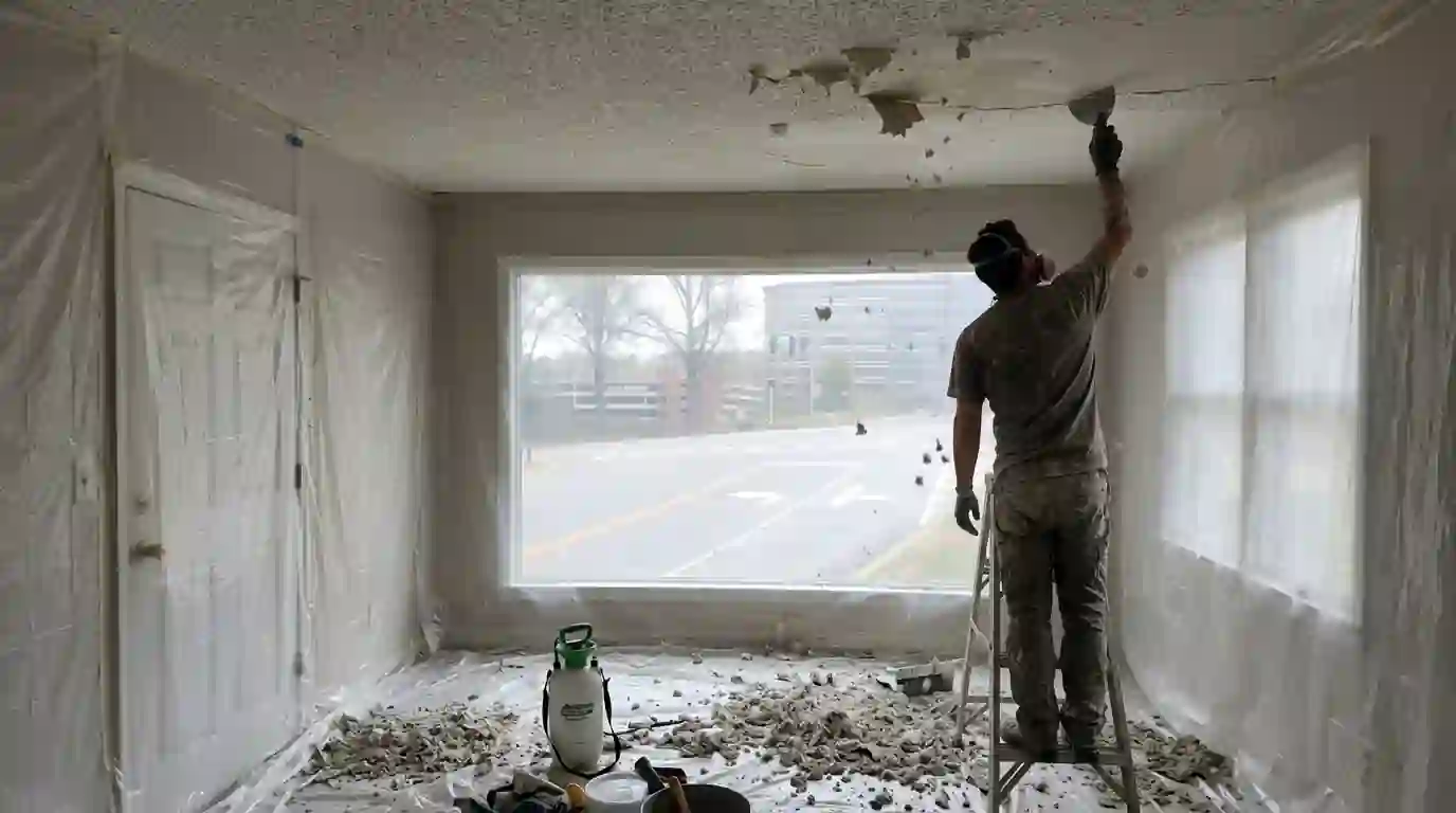 Wet popcorn texture being scraped from a ceiling