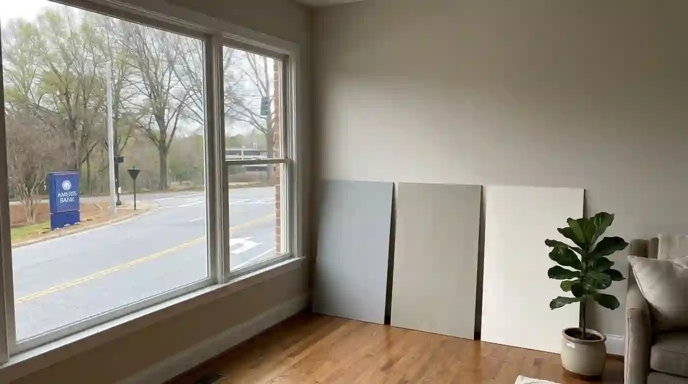 Three large paint sample boards leaning against a living room wall