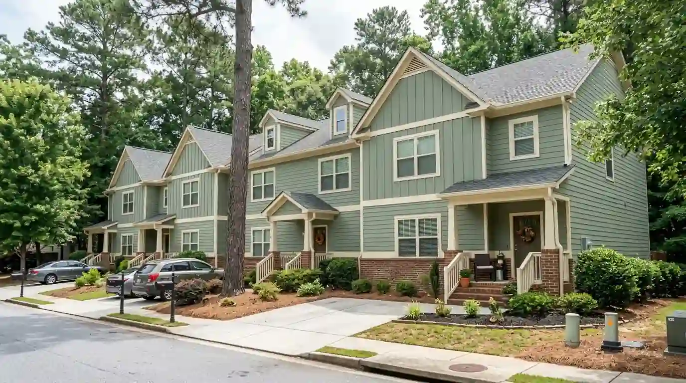 Freshly painted townhome row with sage siding in Peachtree Corners