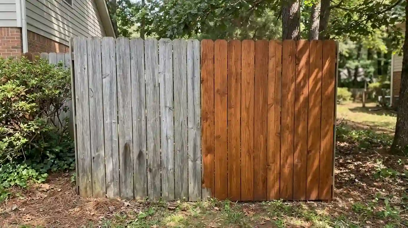Cedar fence with a restored stained section