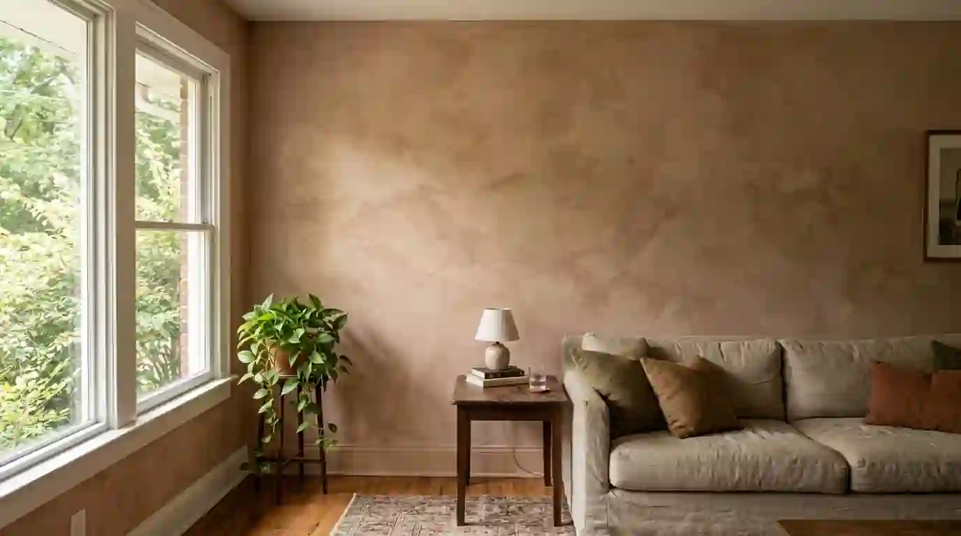 Limewashed living room wall in a warm clay tone