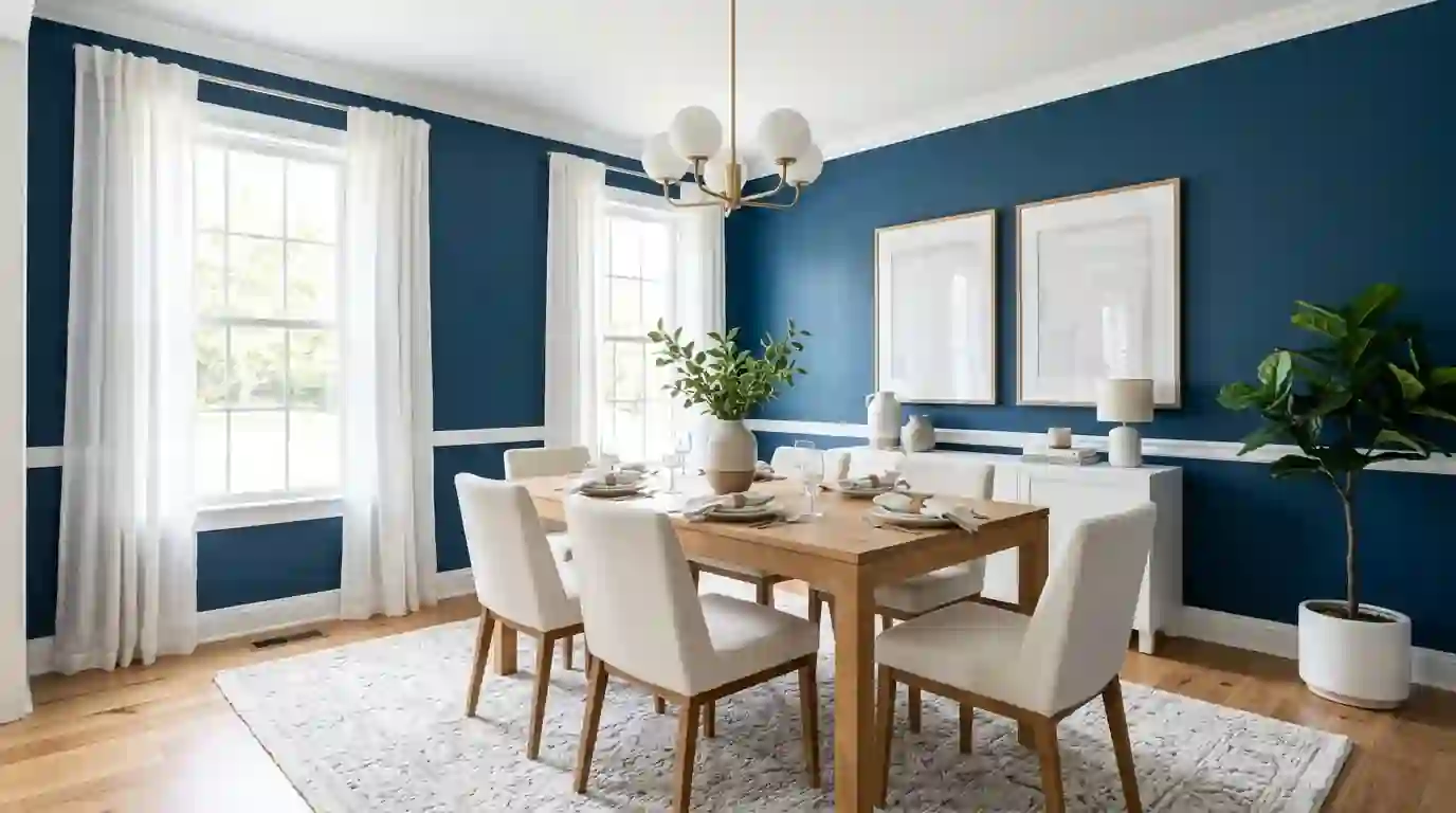 Dining room with deep blue walls and white crown molding