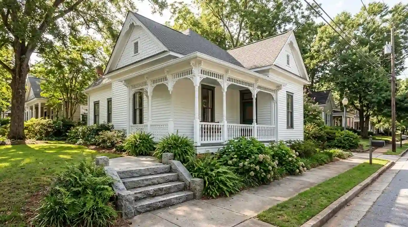 Queen Anne cottage with fresh porch trim paint in Stone Mountain