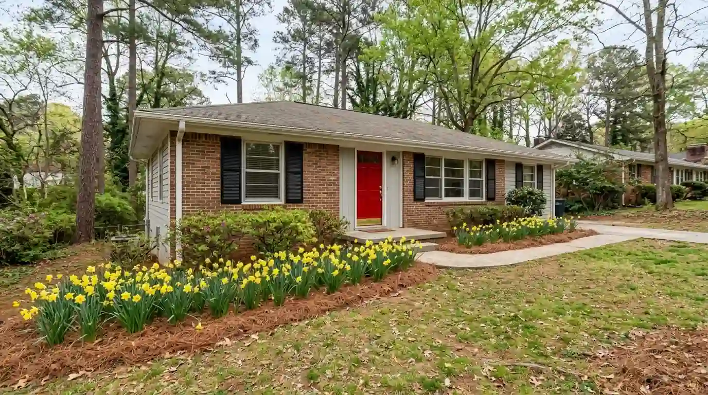 Postwar ranch with a fresh red front door in Smyrna