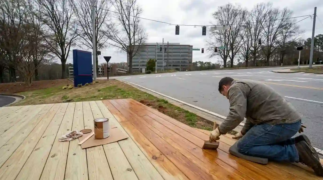 Semi-transparent stain being brushed onto pine deck boards