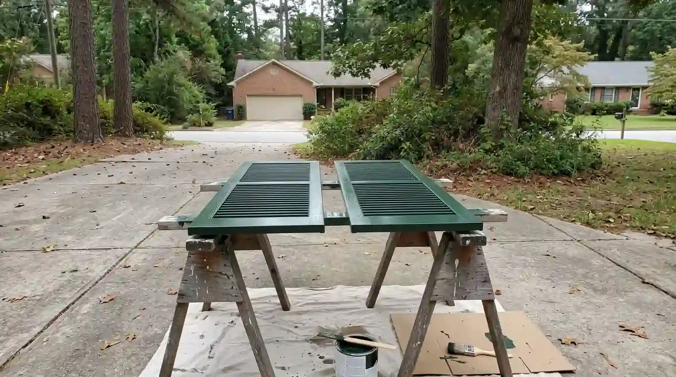 Louvered shutters drying on sawhorses after painting