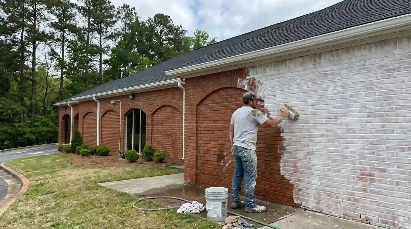 White limewash being brushed onto damp red brick