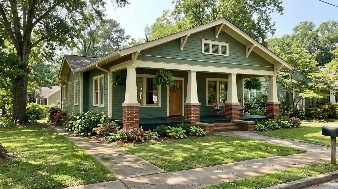 Craftsman bungalow with fresh porch paint in Decatur