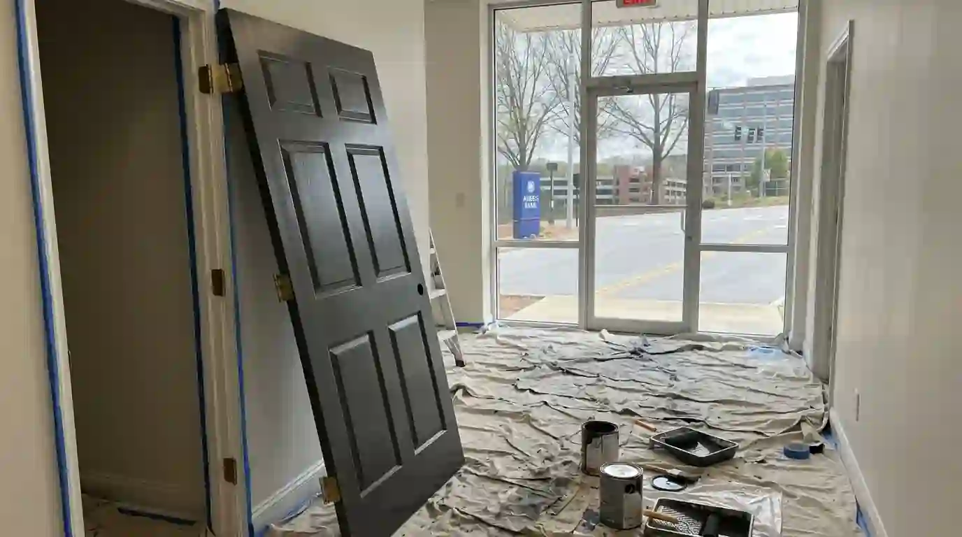 Freshly painted charcoal six-panel door propped open in a hallway