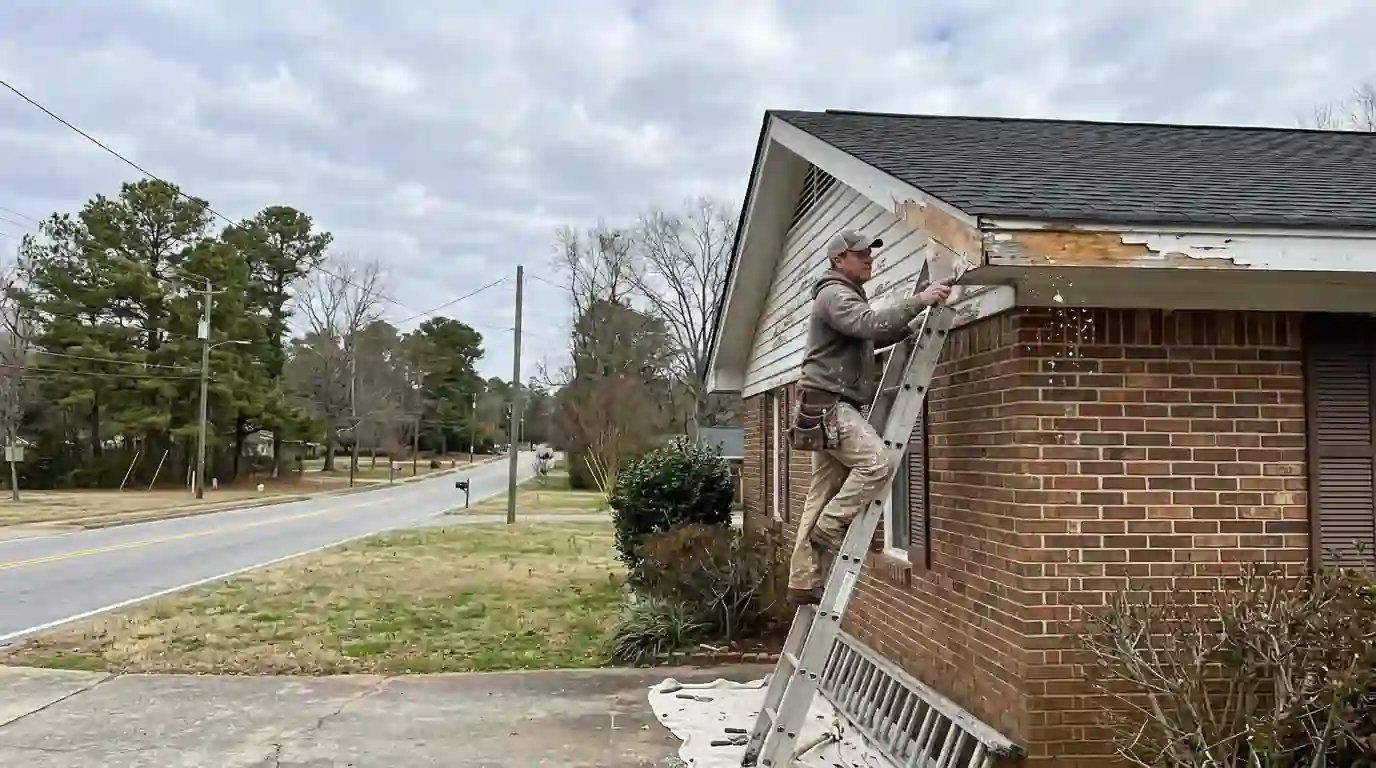Painter scraping loose paint from a fascia board before priming