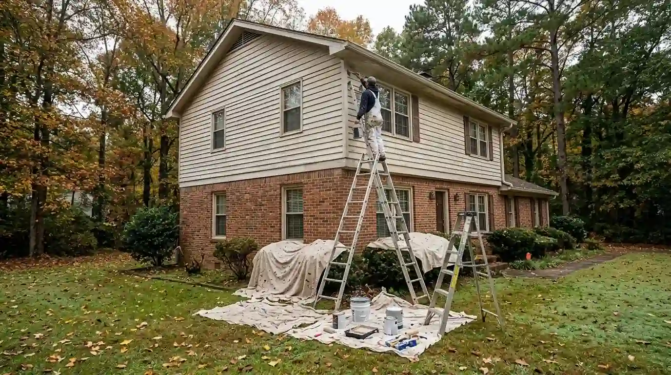 Painter on the shaded side of a two-story house in fall