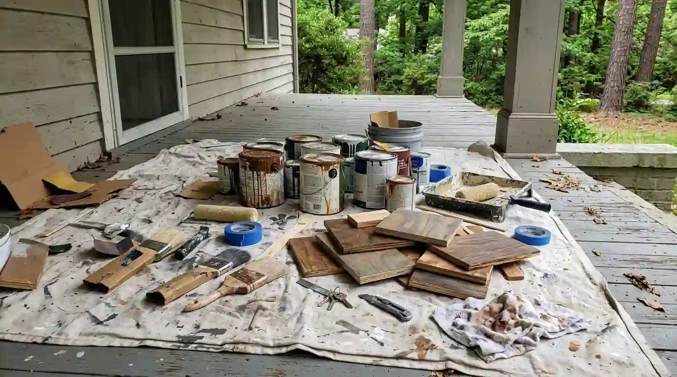 Paint cans, rollers and stain samples laid out before a painting job