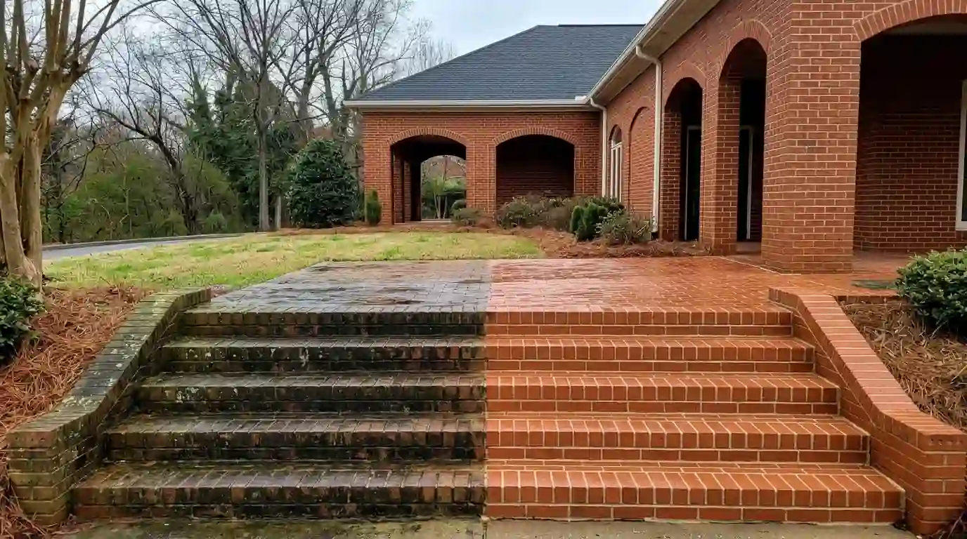 Brick steps half cleaned of green algae