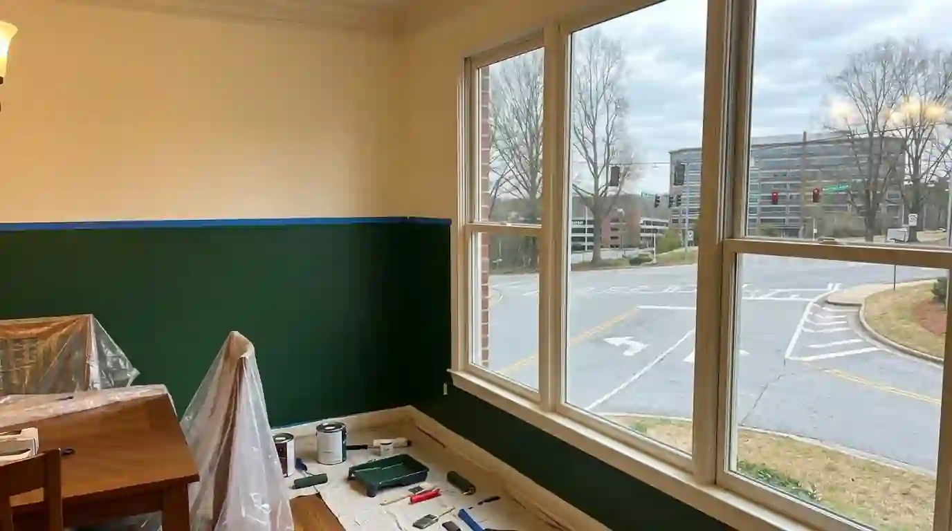 Two-tone dining room wall with green below a taped line