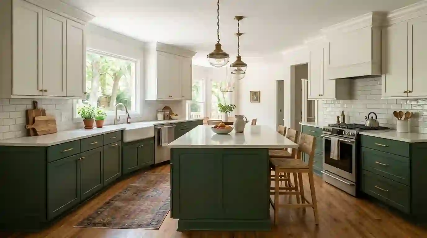 Two-tone kitchen with green lowers and white uppers