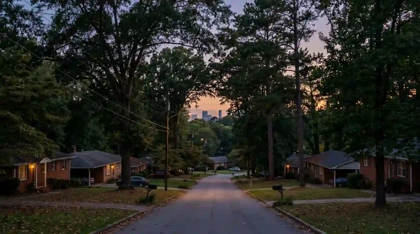 Tree covered suburban streets of brick ranch houses near Atlanta