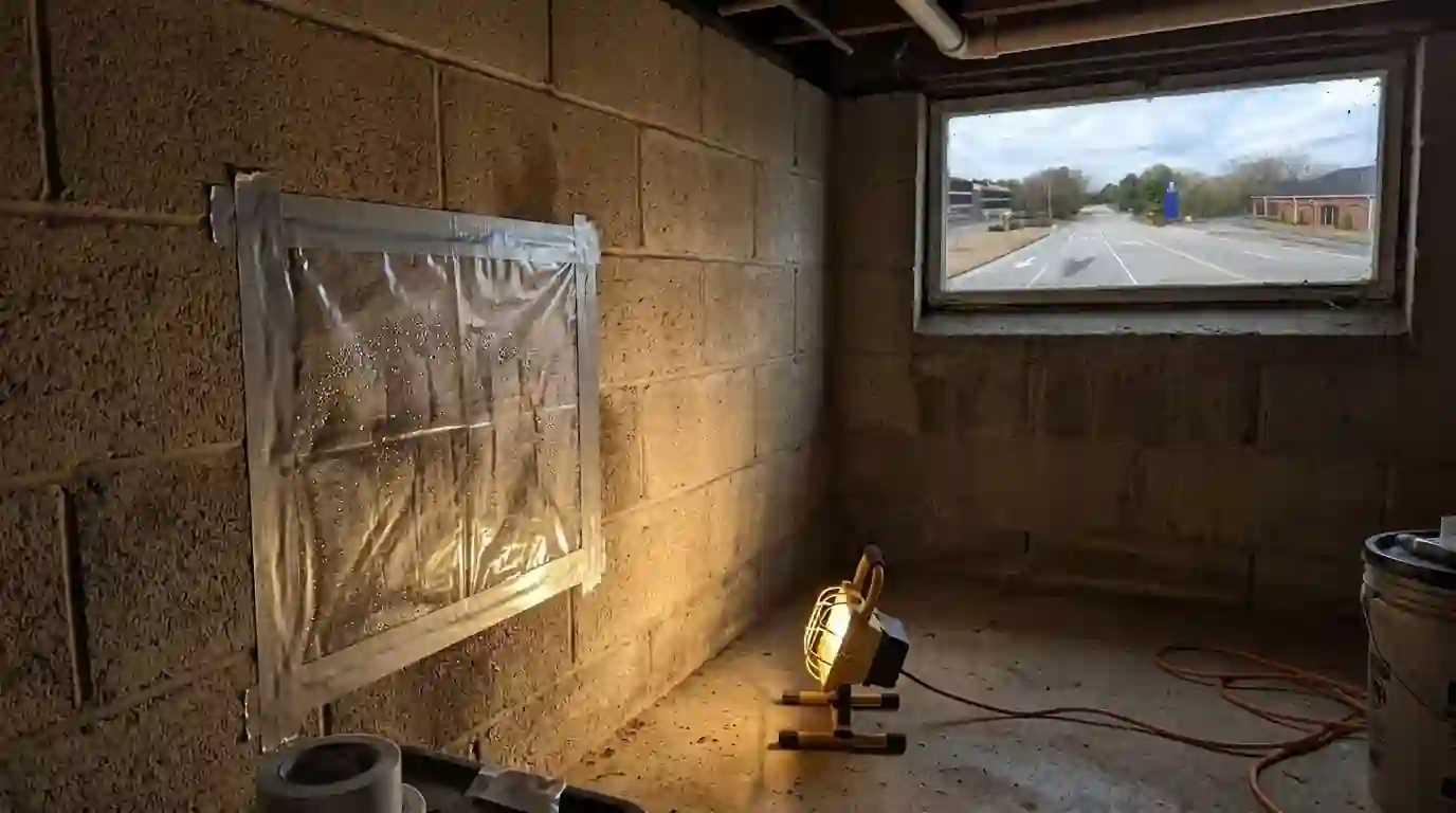 Plastic square taped to a block wall for a moisture test
