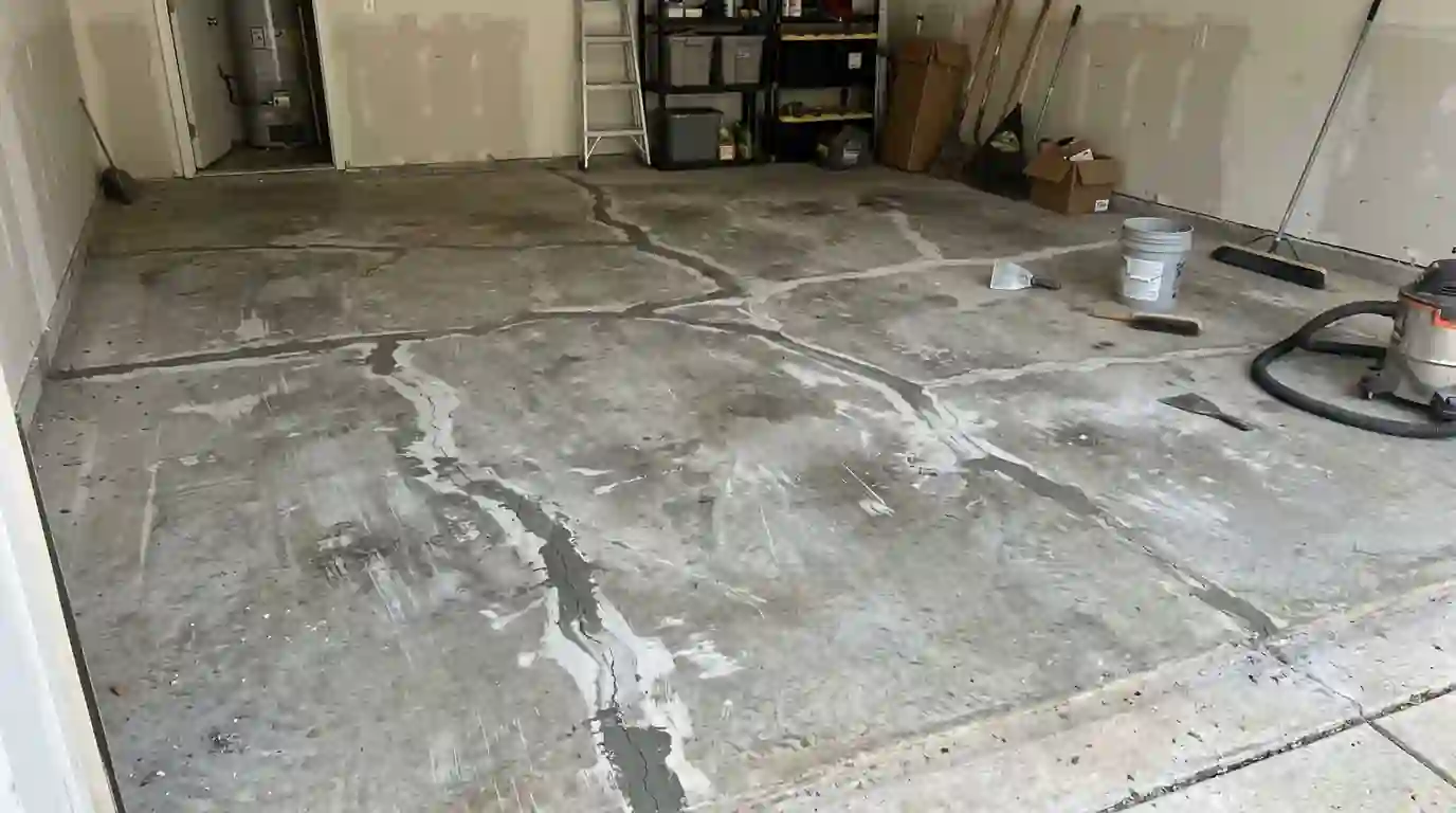 Ground garage slab with repaired cracks before coating
