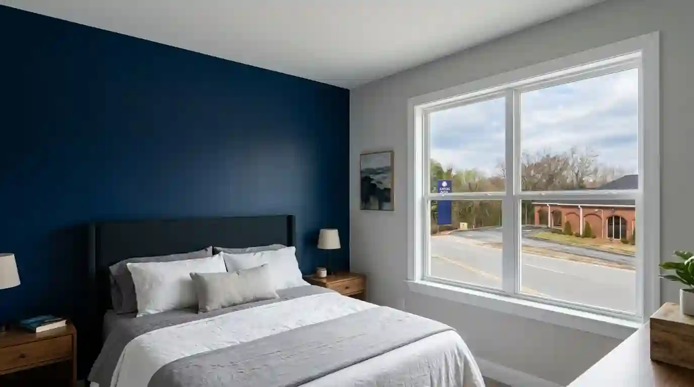 Navy accent wall behind a bed with crisp ceiling line