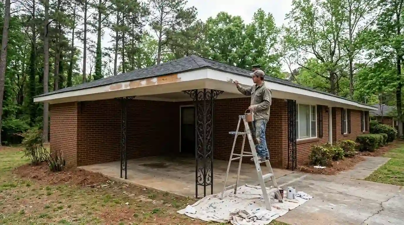 Priming a repaired fascia board above a carport