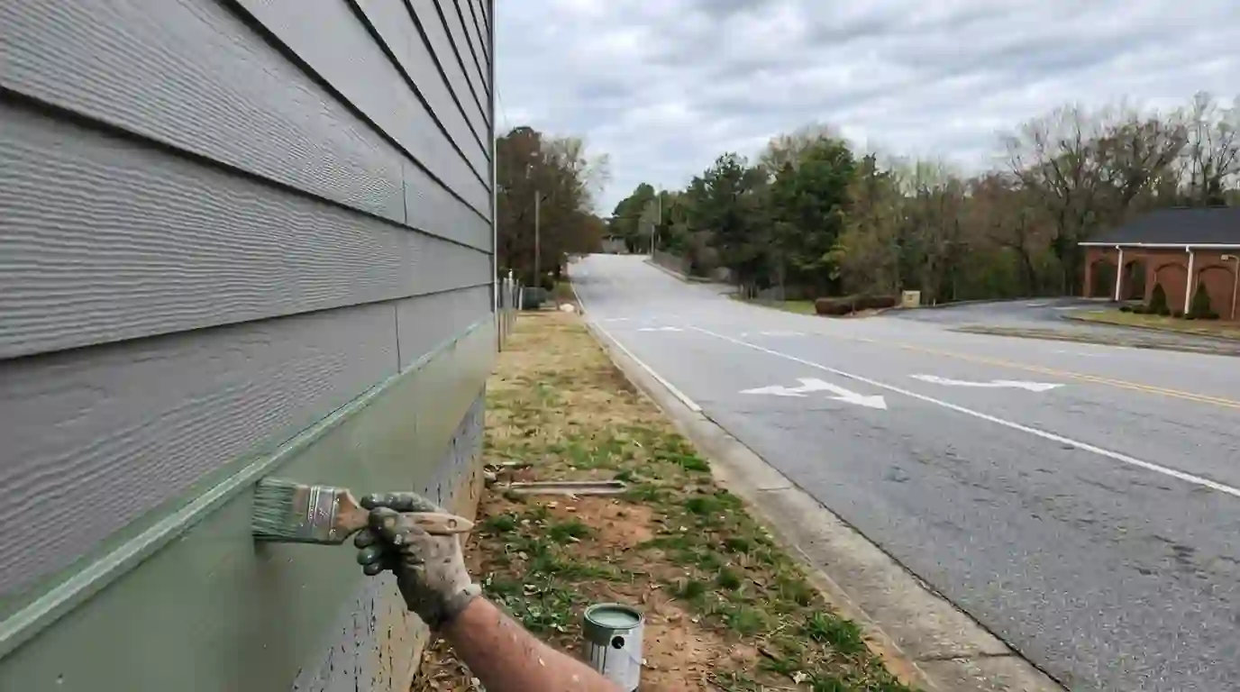 Fiber cement lap siding being painted sage green