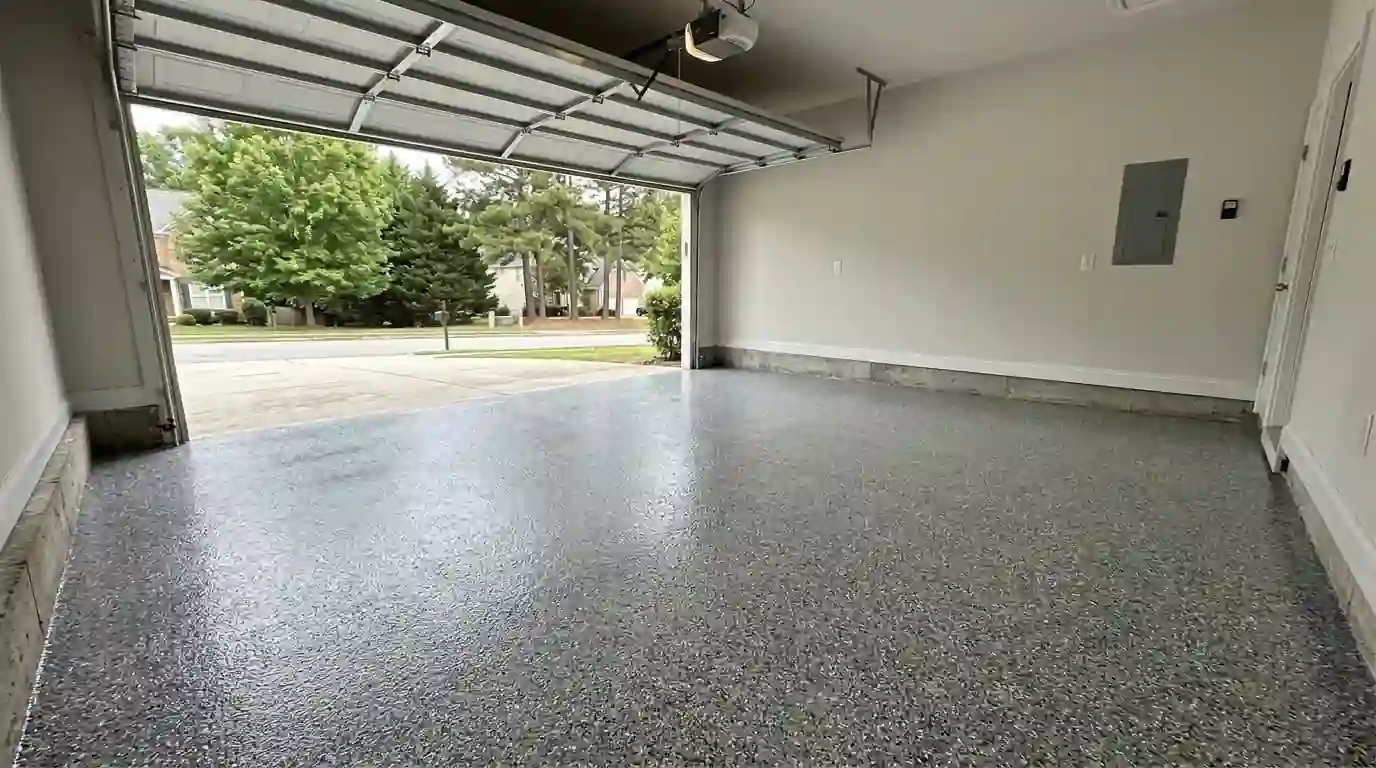 Finished full-flake epoxy floor in a two-car garage