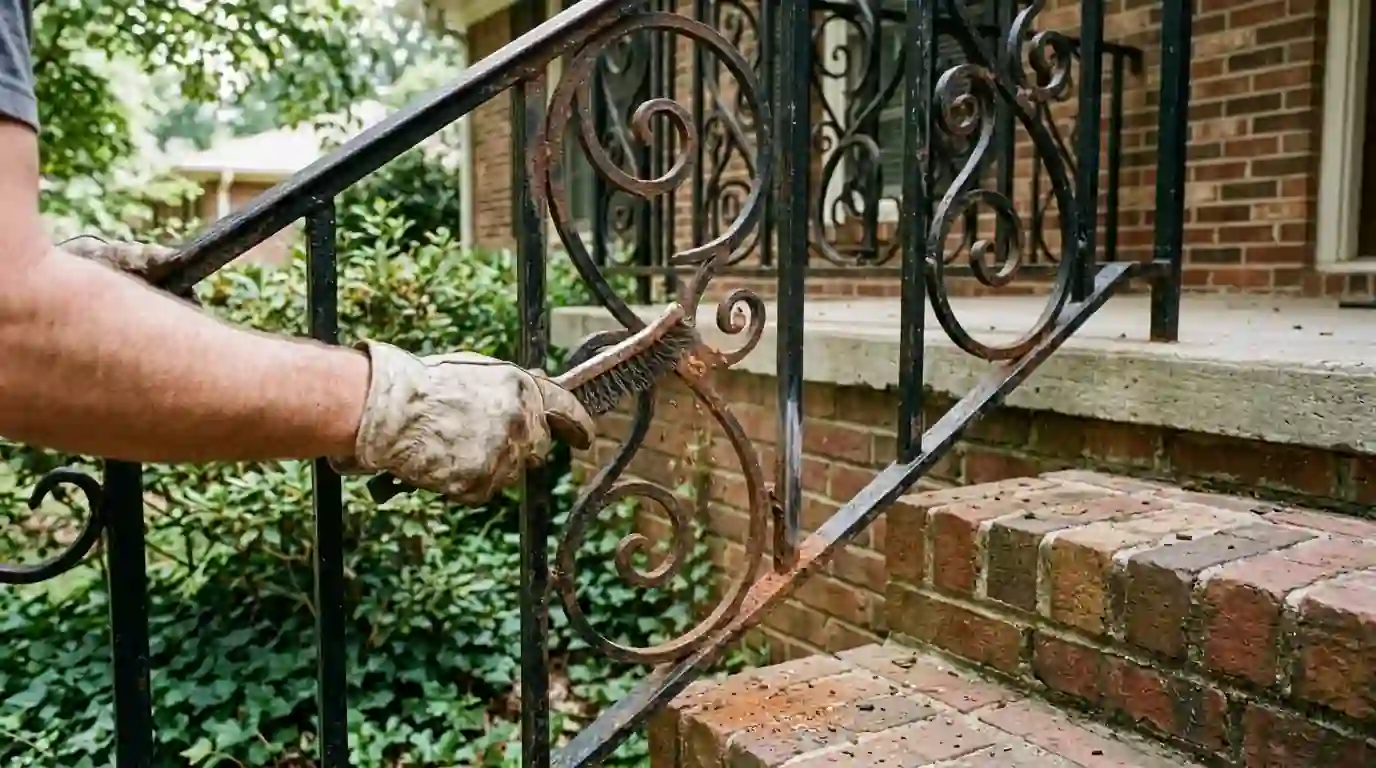 Wrought iron railing being wire brushed before primer