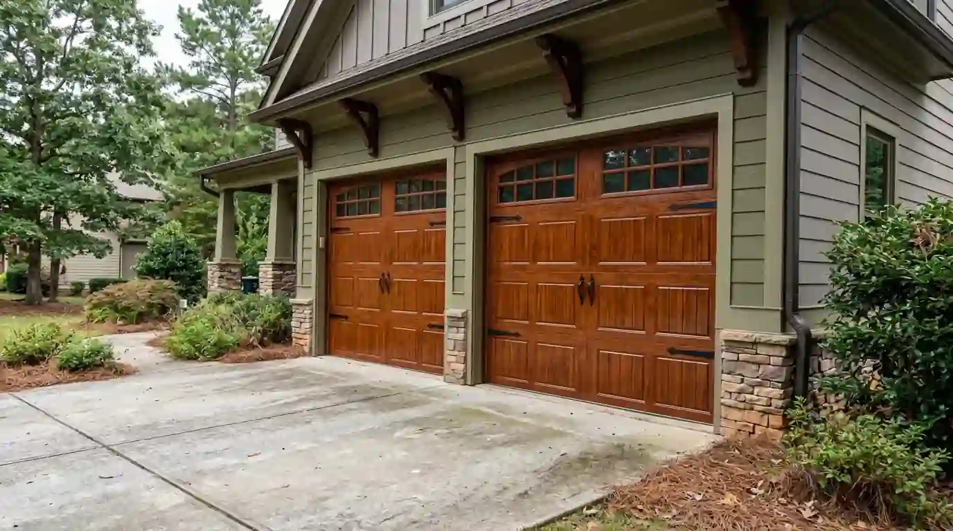 Stained wood carriage garage doors on a craftsman house
