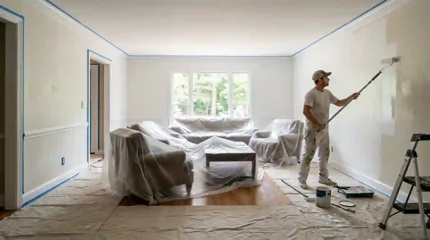 Living room wall being rolled while furniture sits covered in the center